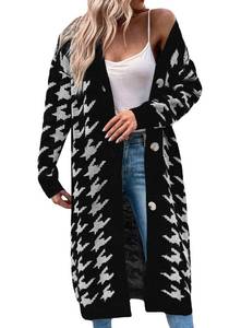 lot 20057 image: Raerye Womens Oversized Long Cardigan Sweaters Houndstooth Open Front Duster Cardigans Button Down Long Sleeve Maxi Knit Coat Black&nbsp