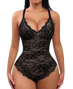 lot 20066 image: FeelinGirl Shapewear Tummy Control Lace Bodysuit Women V Neck Backless Body Shaper Thong Shapewear Lace Tops Black S