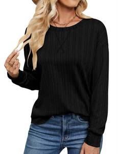 lot 20067 image: TFSDOD Womens Fall Long Sleeve Crewneck Shirts Knit Lightweight Sweaters Casual Drop Shoulder Tops Wear with Leggings Black,M