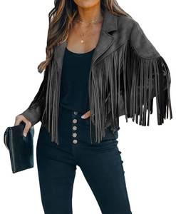 lot 20068 image: yoeasy Women Faux Suede Leather Tassel Coat Lapel Long Sleeve Motorcycle Short Fringe Jacket (Large,Grey)