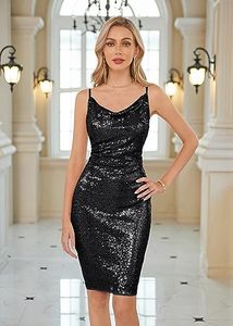 lot 20072 image: Womens Glitter Sequin Cowl Neck Spaghetti Straps Midi Black Party Dress Club M