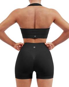 lot 20079 image: SUUKSESS Women Two Piece Seamless Ribbed Workout Sets Outfits Backless Halter Sports Bra Booty Biker Shorts (Black, M)