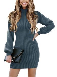lot 20147 image: ANRABESS Women Long Sleeve Turtle Mock Neck Rib Knit Stretch Slim Fitted Bodycon Sweater Mini Short Dress 2024 Fall Outfits Navy Medium