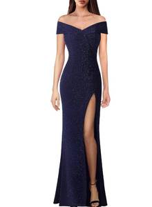 lot 20150 image: VFSHOW Womens Shiny Navy Blue Off Shoulder High Slit Formal Evening Gown Wedding Guest Party Maxi Long Dress 7635 BLU XL
