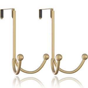 lot 19173 image: HFHOME 2Packs Over The Door Double Hanger Hooks, Metal Twin Hooks Organizer for Hanging Coats, Hats, Robes, Towels- Gold
