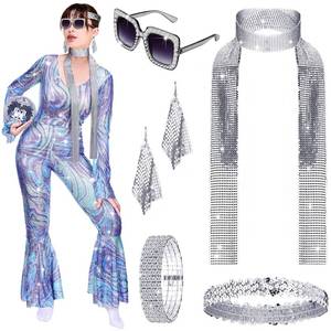 lot 19178 image: 6 Pcs 70s Women Disco Outfit Set Disco Costume Dress Jumpsuit Jewelry Headband Bracelet Necklace Earring Glasses (XX-Large)