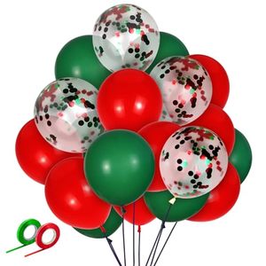 lot 19180 image: Red and Green Balloons 12 Inch Christmas Latex Balloons Set Green Red Confetti Balloons with 2 rolls of ribbon for Christmas Holiday Party Decoration