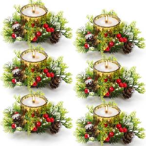 lot 19453 image: Redbaker 4 Sets Christmas Candle Holder Decorative Xmas Red Berry Snowy Pinecone Candle Rings with Gold Glass Votive Tealight Holders for Holiday Wedding Home Decor(Gold, Striped Style)