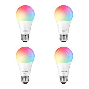 lot 19461 image: SYLVANIA Wifi LED Smart Light Bulb, 60W Equivalent Full Color and Tunable White A19, Dimmable, Compatible with Alexa and Google Home Only - 4 Pack (75674)
