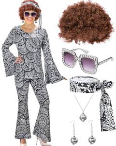 lot 19473 image: Jexine Halloween 70s Women Disco Costume Set Disco Party Top Pants Sunglasses Ball Necklace Earring Wig (Small)