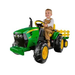 lot 19240 image: Peg Perego 12V John Deere Ground Force Tractor with Trailer Powered Ride-On - Green - Retail $299