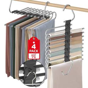 lot 19260 image: Upgrade 9 Layers Pant Hangers Space Saving, Non Slip Stainless Steel Multifunctional Pants Rack S-Type Clothes Pant Closet Hanger Organizer with Hooks for Pants Jeans Trousers Scarf (4 Pack, Black)