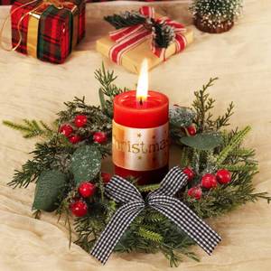 lot 19267 image: Christmas Candle Rings Inner Diameter 4.1 in, 4 Pcs Candle Wreath Holders with Artificial Snow Buffalo Bow Leaves Berries for Xmas Holiday Party Wedding Table Centerpiece Decorations
