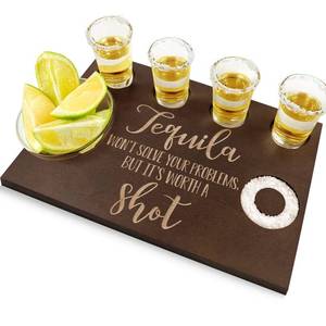 lot 19271 image: Tequila Shot Board and Glass Holder Wooden Bar Tray with Salt Rim - For Liquor, Parties, Weddings, Housewarmings, Gifts