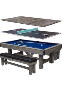 lot 19079 image: Hathaway Logan 7-ft Pool Table Combo Set with Benches - Rustic Gray with Blue Felt, Barnwood - Retail $1,7494.99