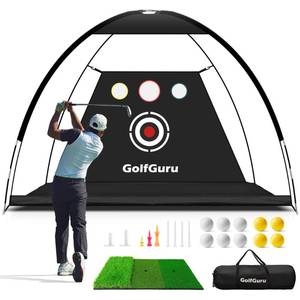 lot 20011 image: Golfguru Golf Net, 10x7ft All in 1 Golf Practice Net with XL Tri-Turf Golf Mat, Impact Target, 10 Golf Balls, 7 Golf Tees, 2 Rubber Golf Tees, Carry Bag, Golf Net for Backyard Driving Chipping Indoor - Retail $81.31