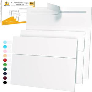 lot 20012 image: 200 Pack 5x7 White Invitation Envelopes - For 5x7 Cards - A7 - (5 � x 7 � inches) - Perfect for Weddings, Graduation, Baby Shower - 120 GSM - Peel, Press & Self Seal - Square Flap