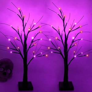 lot 20030 image: Halloween Decorations Indoor, 2-Pack 2FT Lighted Black Halloween Tree with 48 LED Orange & Purple Lights, Timer Function Battery Operated Halloween Trees Lights Spooky Tree for Tabletop Home Party