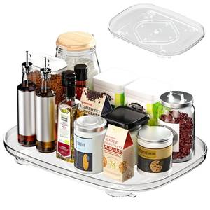 lot 20032 image: CHILIGO Lazy Susan for Fridge, 360° Rotate Fridge Lazy Susan Turntable Organizer and Storage, Rectangle Lazy Susan for Refrigerator, Cabinet, Kitchen, Countertop, Table  15.8 x 11.8 -Clear 