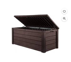 lot 18178 image: Keter Brightwood 165 Gallon Durable Weatherproof Resin Deck Box Organization and Storage for Outdoor Patio and Lawn, Brown