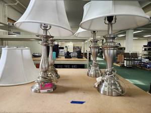 lot 48677 image: (4) Silver Lamps And Shades, 2 Styles