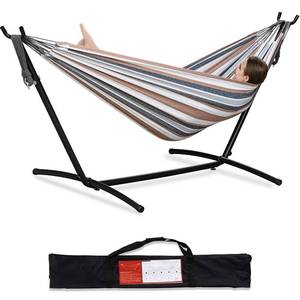 lot 49393 image: PNAEUT Double Hammock with Space Saving Steel Stand Included 2 Person Heavy Duty Outside Garden Yard Outdoor 450lb Capacity 2 People Standing Hammocks and Portable Carrying Bag (Coffee)
