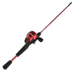 lot 49395 image: Zebco Slingshot Spincast Reel and Fishing Rod Combo, 5-Foot 6-Inch 2-Piece Fishing Pole, Size 30 Reel, Right-Hand Retrieve, Pre-Spooled with 10-Pound Zebco Line, Red
