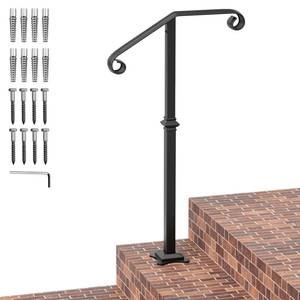 lot 49432 image: SPACEEUP Single Post handrail 38.8X20.5 Black Step Handrail Detachable Stair Railing Fit for 1-2 Steps Wrought Iron Handrail Grab Rail Single Post Railing Kit with Base Plate