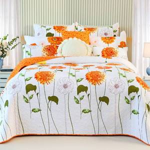 lot 49447 image: EVENHUG 100% Cotton Quilt Queen Size Orange Sunflower Bedding Set Floral Lightweight Quilt Reversible Coverlet Bedspread with 2 Pillow Shams All Seasons 3 Pieces (92x96)