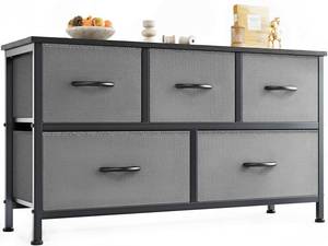 lot 49473 image: OLIXIS Dresser Storage with 5 Organizer Closet Chest Small Clothes Fabric Cabinet Kids Furniture Binis, Nightstand for Bedroom, Living Room, Nursery, Entryway, 5-Drawers, Grey