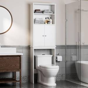 lot 49485 image: Shintenchi Over The Toilet Storage Cabinet, Bathroom Shelf Organizer with Anti-Tip Device Small Freestanding Space Saver with Adjustable Shelf and Glass Door, White