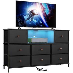 lot 49530 image: LYNCOHOME Black Dresser with Power Outlets and LED Lights, 43 W Dresser TV Stand with 8 Drawers, Fabric Chest of Drawers for Bedroom, Living Room, Entryway - Retail $104.93
