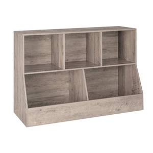 lot 49537 image: DINZI LVJ Toy Storage Organizer, Kids Bookshelf, Wood Toy Storage Cabinet, 5 Cubby Children Bookcase, Toddler Book Toy Shelf for Playroom, Bedroom, Nursery, Hallway, School, 43.3 Long, Greige
