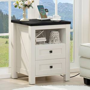 lot 49543 image: Joaxswe Nightstand with Charging Station, Farmhouse Night Stand with 2 Drawers and Shelf Storage, Wooden Side End Table, Bedside Cabinet for Bedroom, Living Room, Closet, Office (White) - Retail $140.64