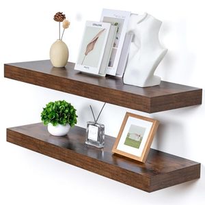 lot 49558 image: Deep Floating Shelves, 12 Inch Deep Rustic Floating Shelves for Wall Set of 2, 36W x 12D Large Wood Floating Shelves for Living Room Bathroom Laundry Room Bedroom Kitchen Home Office - Rustic Brown - Retail $90.17