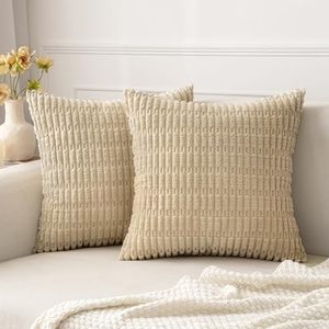 lot 31010 image: MIULEE Pack of 2 Corduroy Decorative Tan Throw Pillow Covers 18x18 Inch Soft Boho Striped Pillow Covers Modern Farmhouse Home Decor for Sofa Living Room Couch Bed