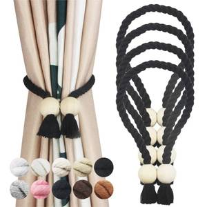 lot 31017 image: Porlau 4 Pack Black Magnetic Curtain Tiebacks Cotton Hand Woven Tieback Holdback Decorative Tie Backs for Drapes with Wooden Buckle No Tools Required