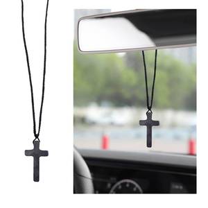 lot 31023 image: Ziciner Natural Wooden Cross Pendant Necklaces, Adjustable Handcrafted Wooden Car Rearview Mirror Pendant, Universal Vehicle Rear View Mirror Decoration for Men and Women (Standard, Black)