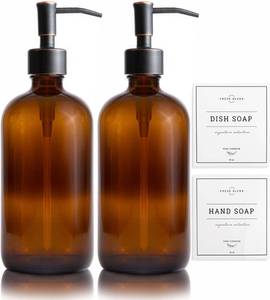 lot 31026 image: Vine Creations Amber Glass Soap Dispenser, 2 Pack Kitchen Soap Dispenser Set with Stainless Steel Pump, 16 oz Hand Soap Dispenser Bathroom, Dish Soap Dispenser for Kitchen with Waterproof Labels