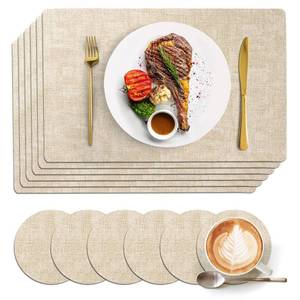 lot 31037 image: Faux Leather Placemats Set of 6 Size 18x 12,Stain & Heat Resistant Table Place Mats with Free Drink Coasters, Waterproof Table Mats for Dining Table Indoor & Outdoor Use (Beige)