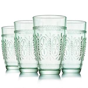 lot 31043 image: CREATIVELAND Colored Vintage Drinking Glasses Set of 4, 15.5 oz Romantic Embossed Water Glasses, Colored Tumblers Tempered Glass for Juice, Beverages, Beer, Cocktail (Green)
