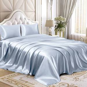 lot 31059 image: Homiest 4pcs Satin Sheets Set Luxury Silky Satin Bedding Set with Deep Pocket, 1 Fitted Sheet  1 Flat Sheet  2 Pillowcases (Full Size, Baby Blue)