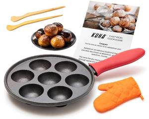 lot 31089 image: KUHA Cast Iron Aebleskiver Pan - Non Stick Pan for Authentic Danish Stuffed Pancakes - Electric Stovetop Compatible Pancake Maker for Poffertjes, Takoyaki, Appam, Kuli Paniyaram, Baking Cooking