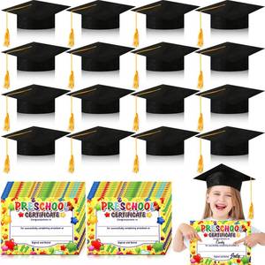 lot 31103 image: 24 Pack Child Size Graduation Caps Set for Kids with Preschool Diploma Certificate Black Felt Graduation Cap Kindergarten Graduation Certificate for Preschool Kindergarten Elementary Party Supplies
