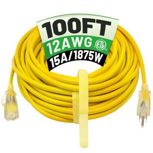 lot 31119 image: POWGRN 100 ft 123 Outdoor Extension Cord Waterproof Heavy Duty with Lighted Indicator End 12 Gauge 3 Prong, Flexible Cold-Resistant Long Power Cord Outside, 15Amp 1875W SJTW Yellow ETL Listed