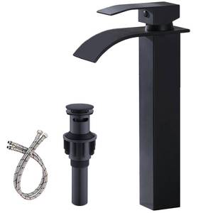 lot 31126 image: VESLA HOME Single Handle Matte Black Vessel Sink Faucet,Modern Waterfall Tall Bathroom Sink Vanity Faucet with Pop-up Drain