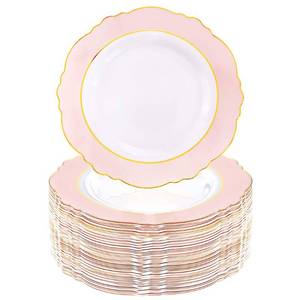 lot 31128 image: WDF 60pcs Pink Plastic Plates - 10.25inch Baroque Pink &Gold Disposable Dinner Plates for Upscale Parties &Wedding-Special for Wedding, Party, Mother�s Day