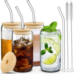 lot 31136 image: 4 Set Glass Cups with Lids and Straws 16 oz, Glasses Drinking Set, Iced Coffee Cup with Bamboo Lids, Drinking Glasses Tumbler with Straw and Lid, Glass Can Coffee Cups, Drinking Glassware, 2 Brushes