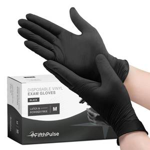 lot 31157 image: Black Vinyl Disposable Gloves Medium 50 Pack - Latex Free, Powder Free Medical Exam Gloves - Surgical, Home, Cleaning, and Food Gloves - 3 Mil Thickness