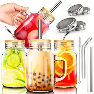 lot 31158 image: Sips Jar Club 20oz Mason Jar Mug Set of 4 with Handles, Lids, Straws & Cleaning Brush - Overnight Oats & Iced Coffee Cups